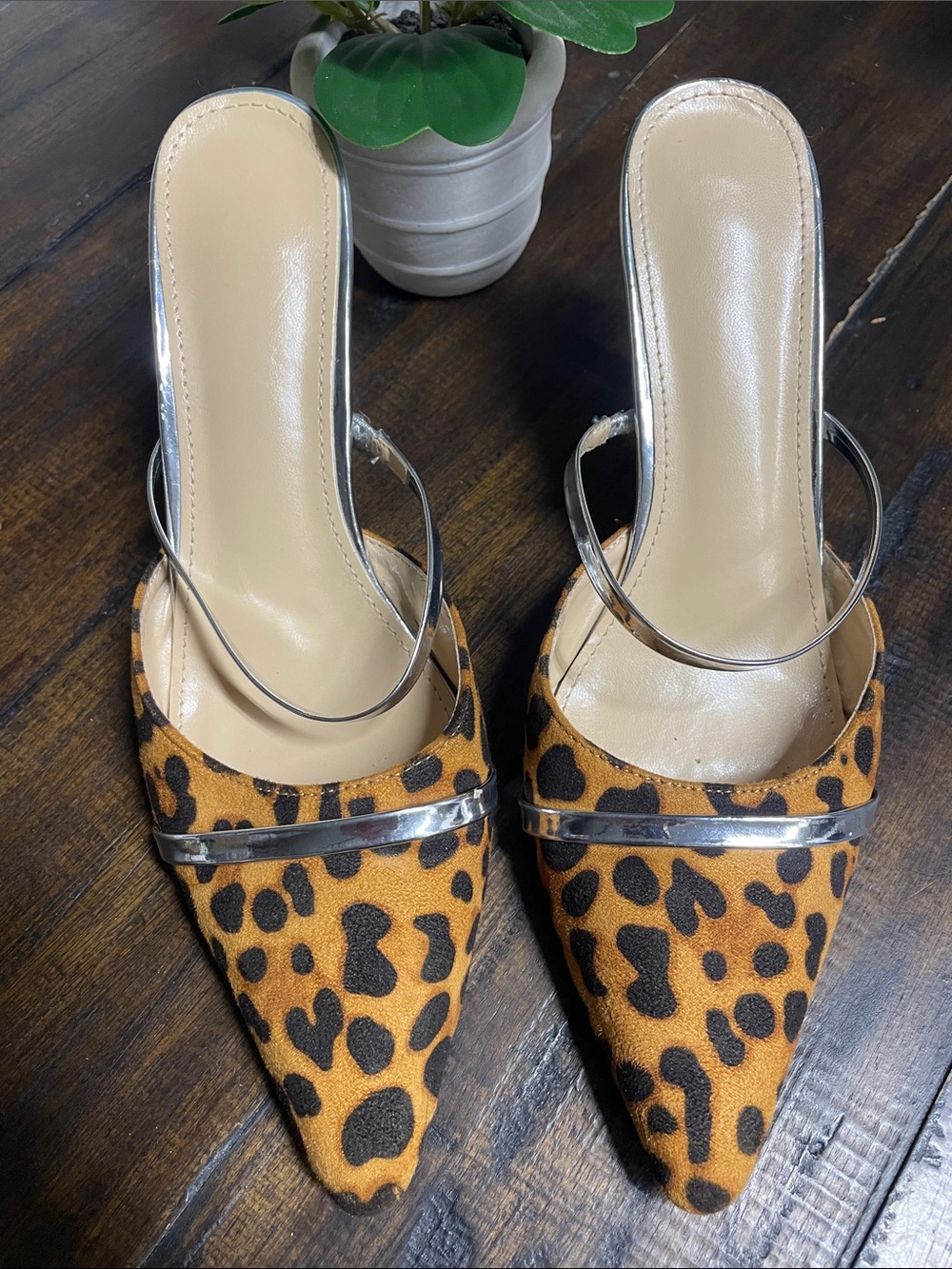 Women's Leopard Print Pointed Toe Mule with Silver Strap & Heel